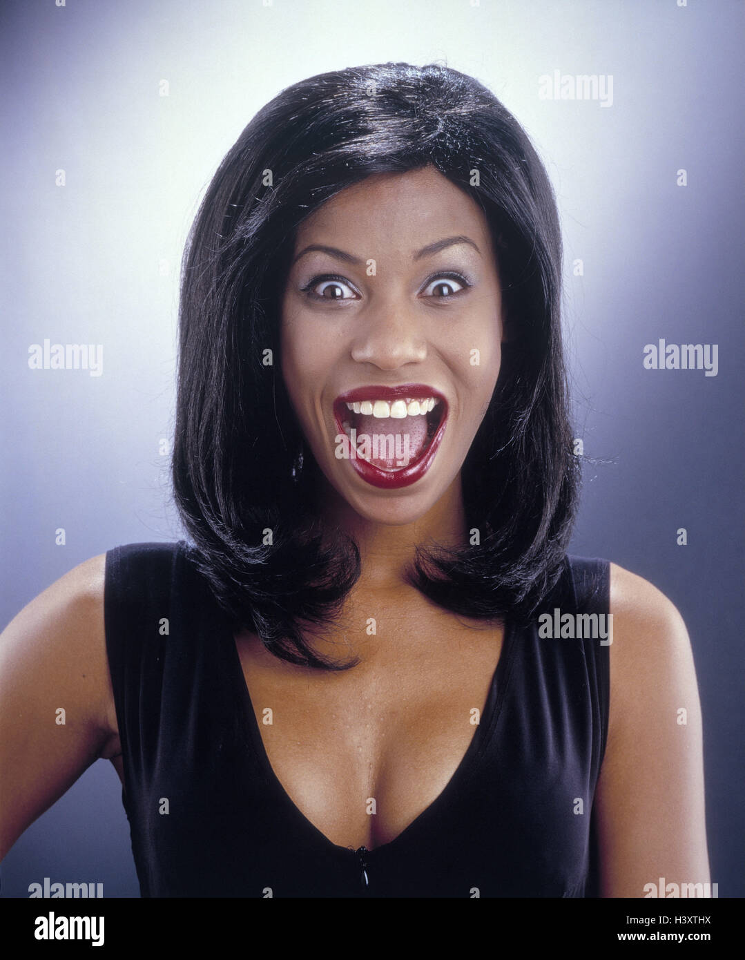 Woman, dark-skinned, young, facial play, enthusiasm, portrait, women, studio, non-whites, Mulattin, please, surprises, surprise, laugh, mouth, openly, expression, happy, eyes, brown, hairs, black, Dekollete, Stock Photo