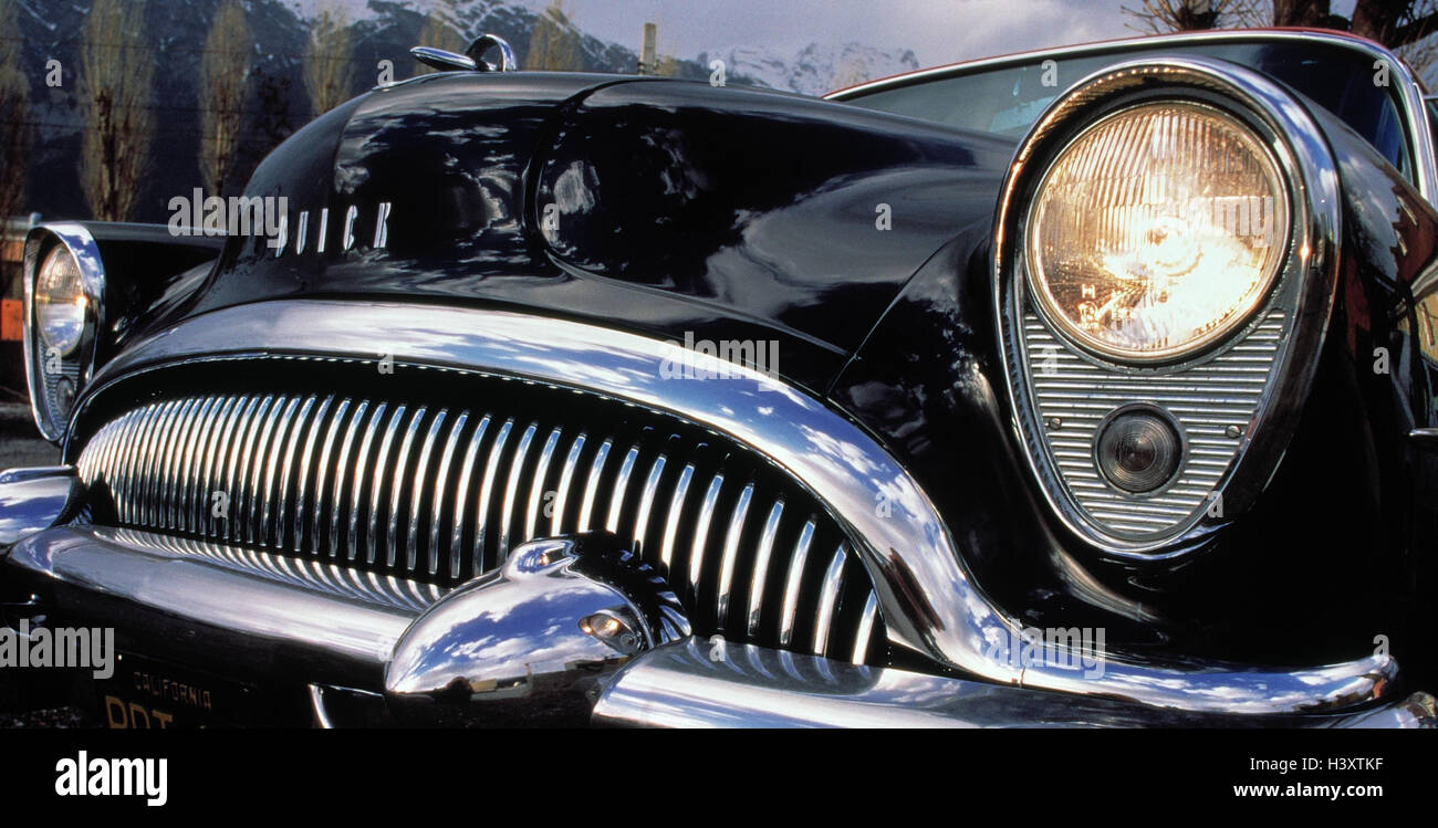 Car, old-timer, Buick, the 50s, front view, detail, saloon, street cruiser, passenger car, detail, radiator, vehicle, means transportation, Stock Photo