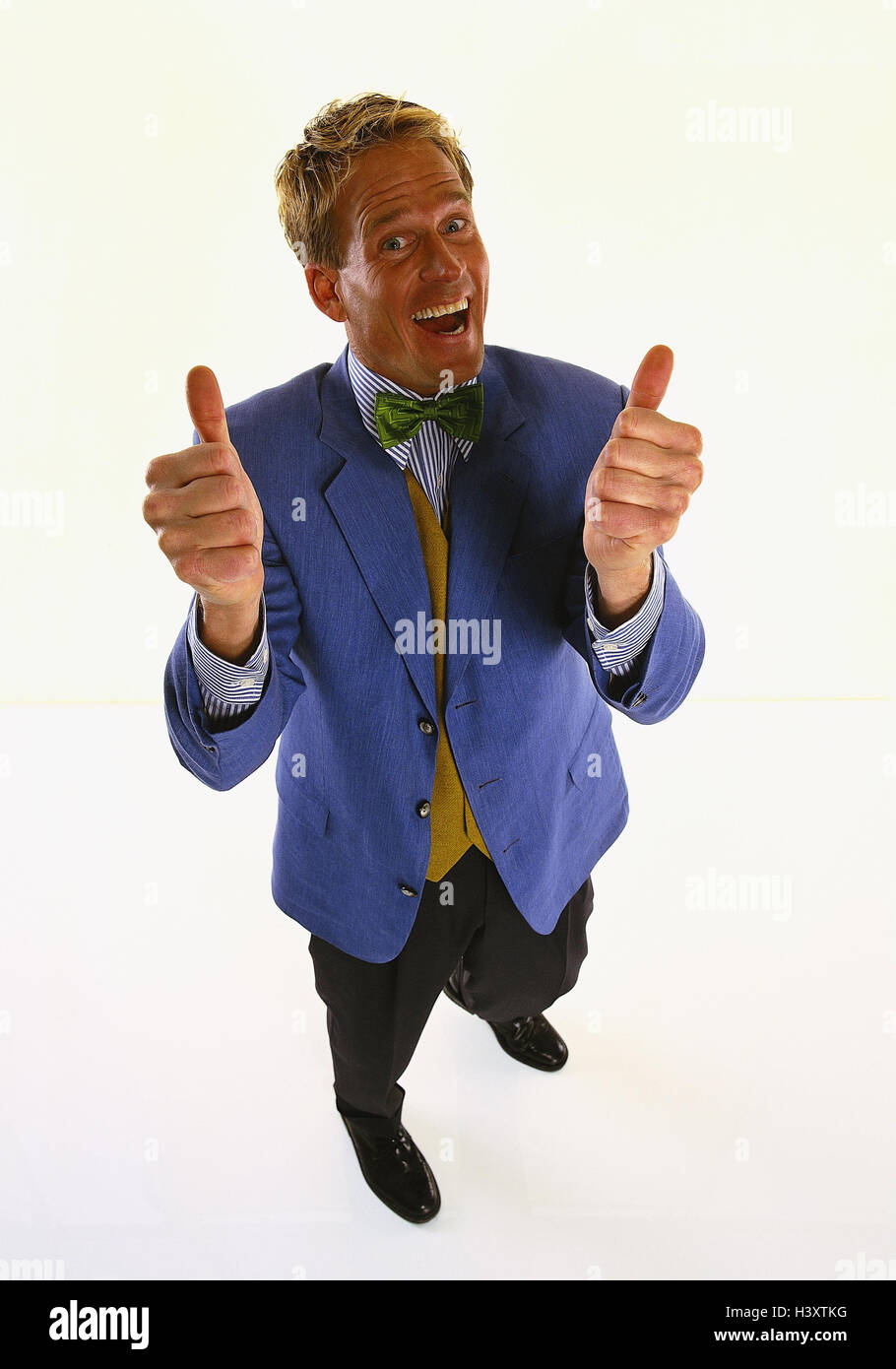 Businessman, sports jacket, blue, gesture, pollex high, okay, happy, Men, businessman, body language, hand figure, o.k., positively, joy, happy, cheerfully, studio, cut out, from above, Stock Photo