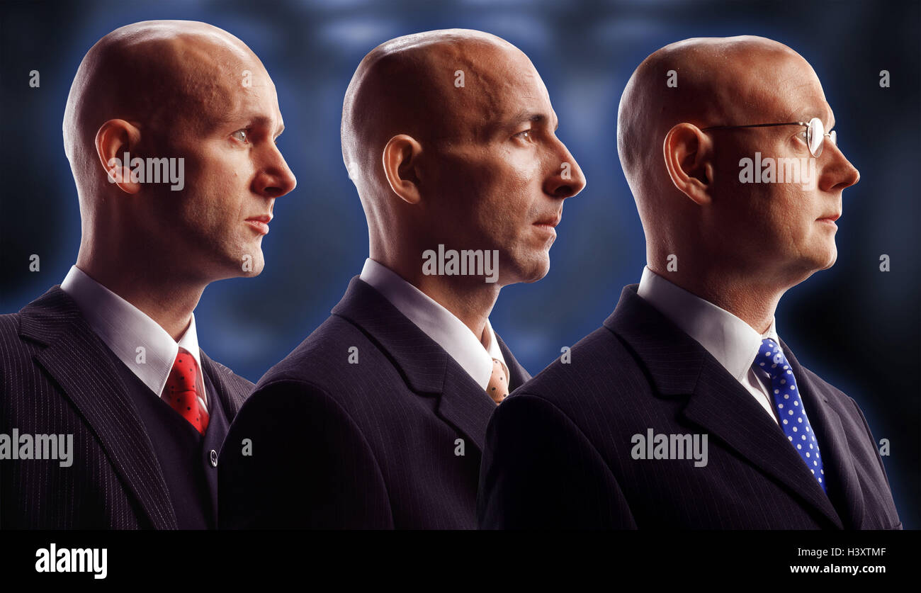 Manager, three, bald head, one after the other, portrait, tread Men, studio, men, business people, head, heads, bald, Glatzköpfe, hairlessly, team, friends, colleagues, successively, series, stand, suit, view, seriously, side view, near, Stock Photo