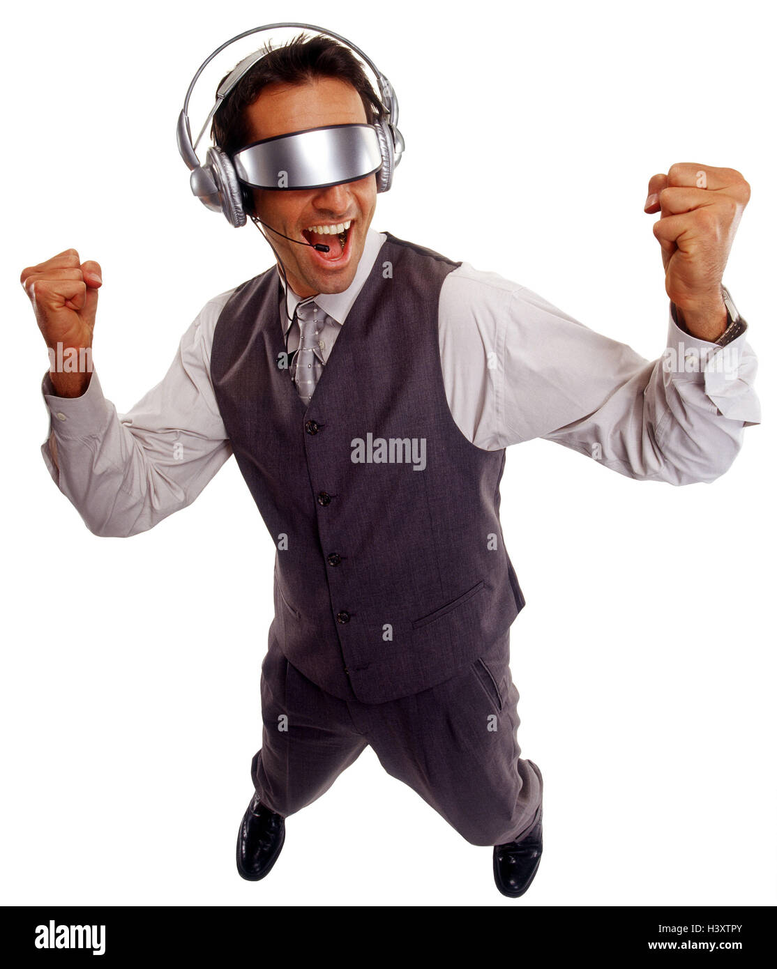 Man, data glasses, virtual reality, gesture, joy, success, makes unfamiliar Future, cyberspace, cut out, studio, virtual reality, data glasses, eyephone, monitor glasses, Head set, businessman, man, business, future, vision, view, impression, virtually, nicely, pleasantly, successfully, prospects success, technology, computer science, Stock Photo