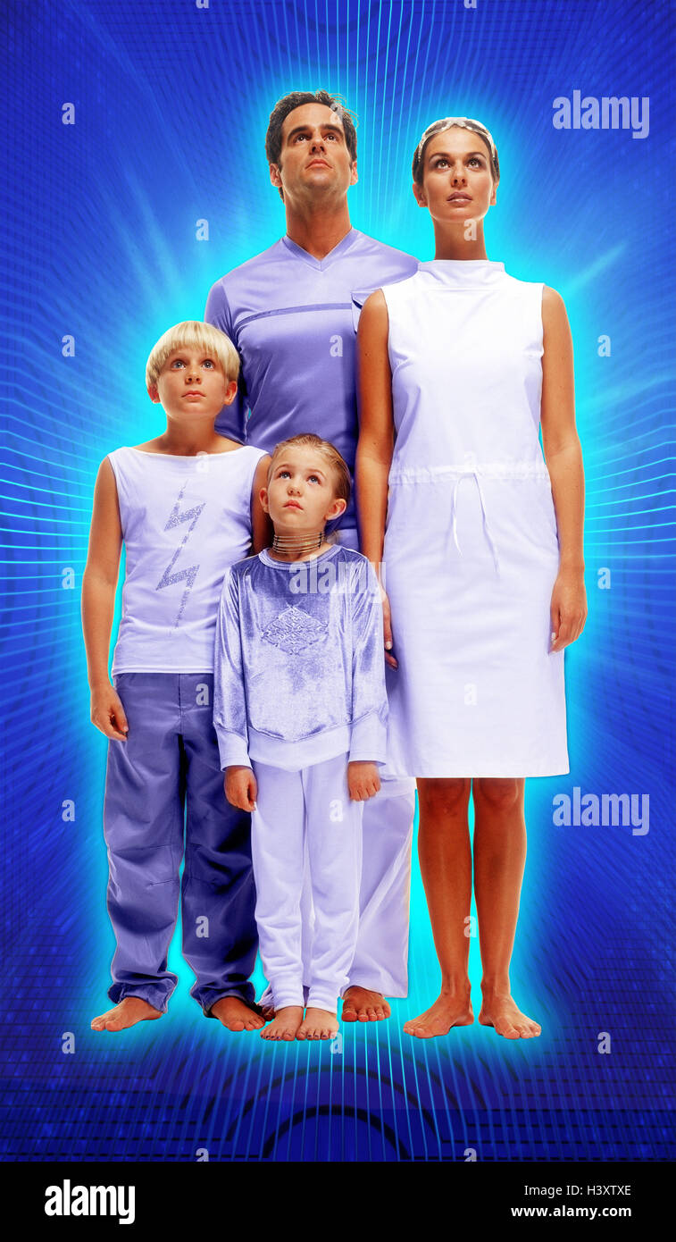 Family, stand, view, heaven, seriously, expectantly Future, man, woman, parents, child, children, boy, girl, son, subsidiary, excommunicated, tensely, stand, barefoot, dream, vision, future vision, Science fiction, UFO, spaceship, extraterrestrial, collection, landing, background, blue, Stock Photo