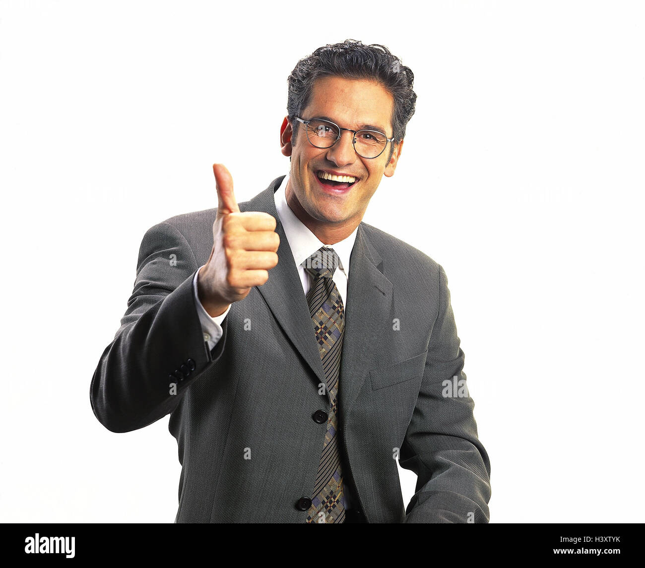 Man, glasses, suit, laugh, gesture, okay, half portrait, Men, studio, cut out, businessman, manager, gesture, body language, positively, in order, o.k., perfectly, happy, pollex high, Stock Photo