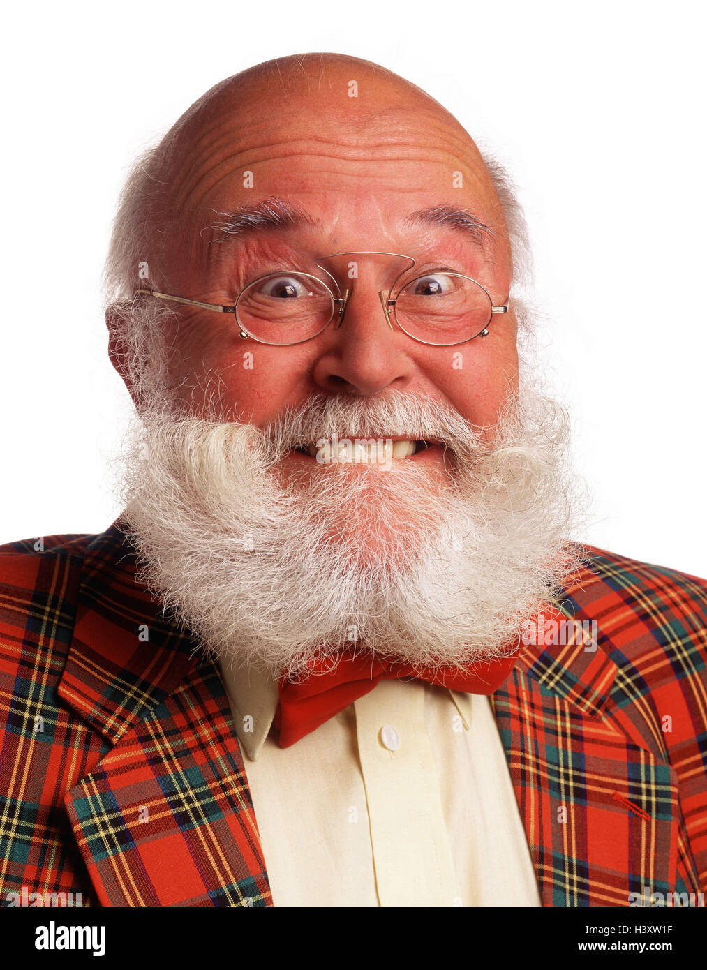 Senior, bald head, jacket, checked, glasses, beard, laugh, joy, portrait, Senior, inside, man, old, full beard, white, bulkheads, jacket, sports jacket, Scot's samples, square, red, glad, happy, cheerfully, in a good mood, mischievously, studio, near, cut out, Stock Photo