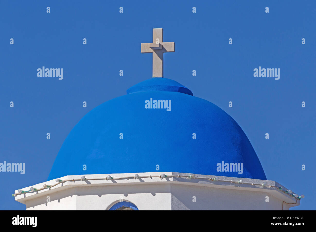dome of Orthodox church in Akrotiri, Santorini Stock Photo