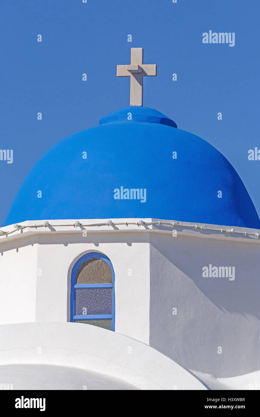 dome of church in Akrotiri over blue sky, Santorini Stock Photo