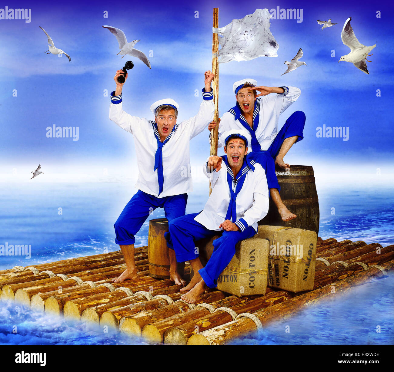 Composing, sea, raft, sailor, sea need, gesture, indicate, country, rescue, cheering, joy Men, man, sailor, men, three, navigation, wreck, wooden raft, do, need, predicament, Odyssey, help, country, laugh, happy, relief, gulls Stock Photo