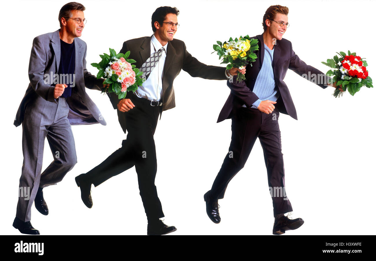 Men, three, suit, bouquets, happy, gesture, motion, run Men, man, flowers, present, surprise, laugh, joy, enthusiasm, haste, date, engagement, side view, studio, cut out, Stock Photo