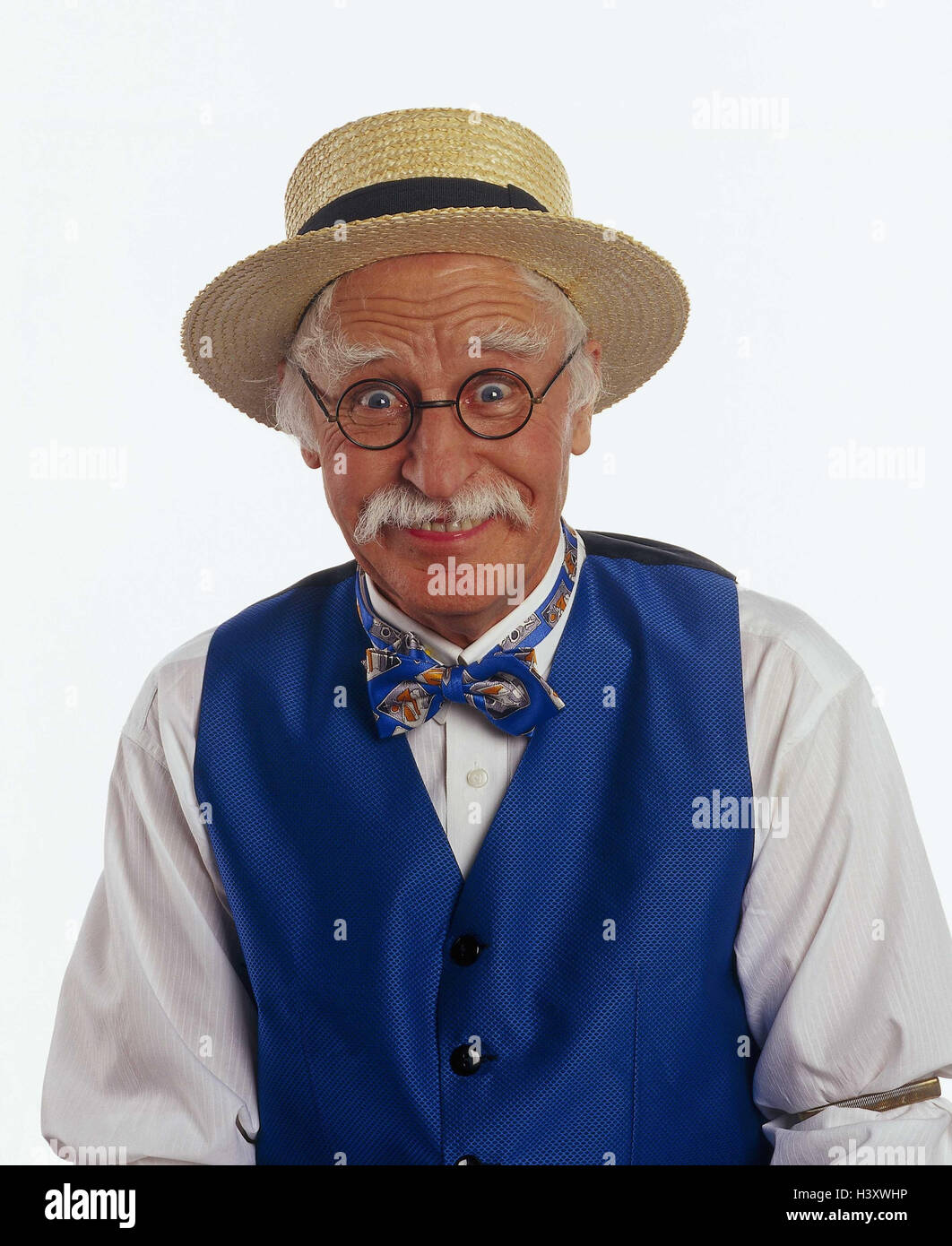 Senior, beard, glasses, straw hat, shirt, waistcoat, fly, smile, facial