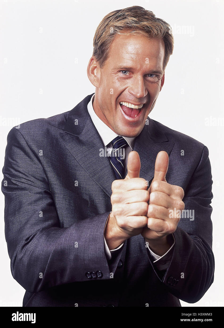 Man, suit, tie, laugh, gesture, joy, pollex, high men, cheering, success, certainly about victory, self-confidently, successfully, rejoice, glad, body language, gesture, positively, studio, cut out, okay, OK Stock Photo