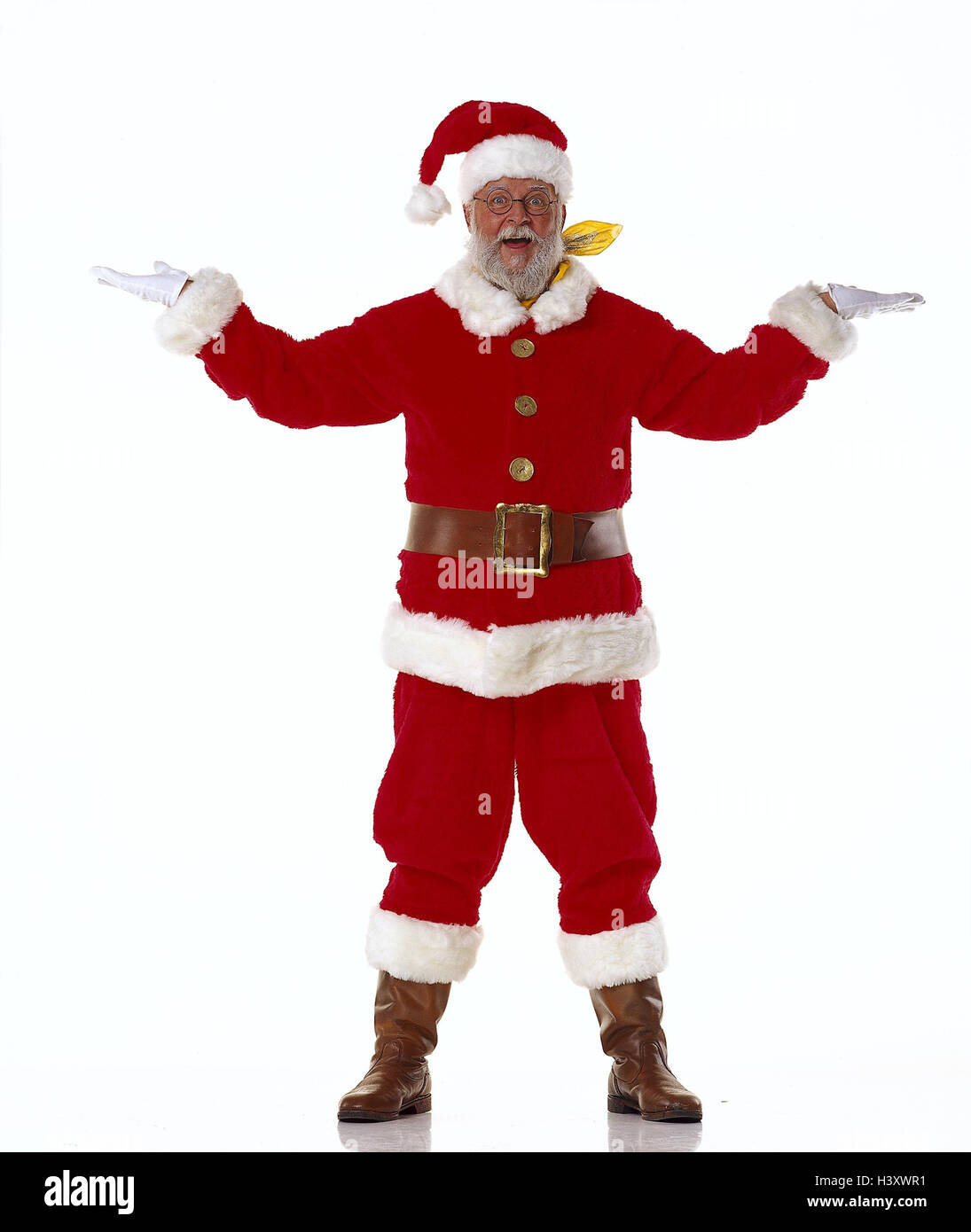 Santa Claus, gesture, arms. spread inside, studio, cut out, glasses, beard, smile, Santa, man, neckerchief, mischievously, cleverly, upraised, Stock Photo