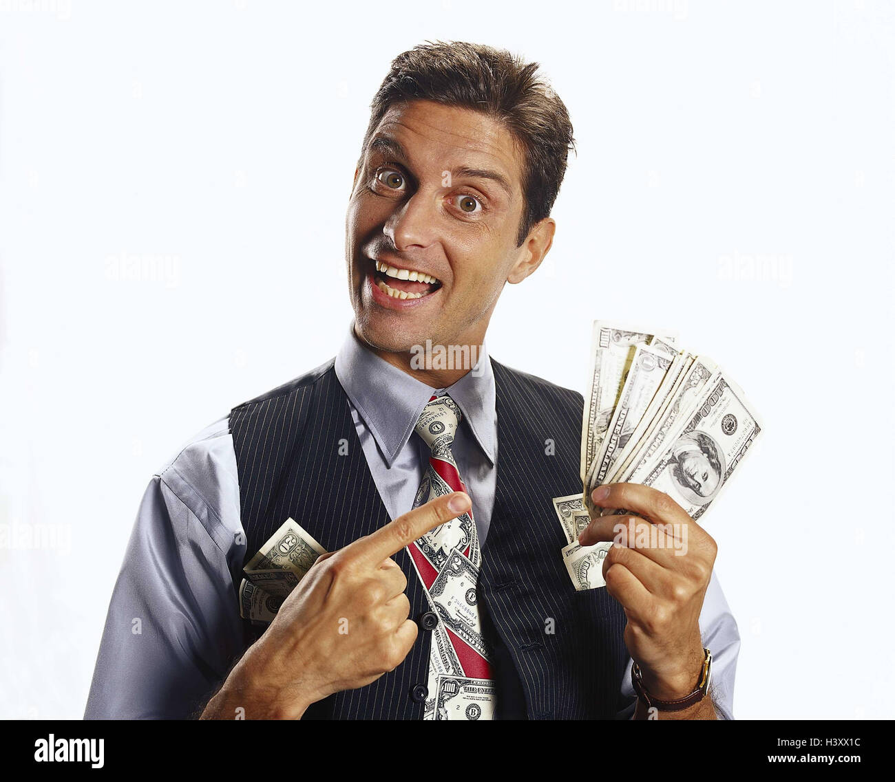 Man, waistcoat, shirt, tie, banknotes, hold, gesture, show, joy, portrait,  Men, currency, the USA, American dollar, US dollar, bank notes, money,  businessman, manager, success, profit, profit, happy, salary, tip, joy  Stock Photo -