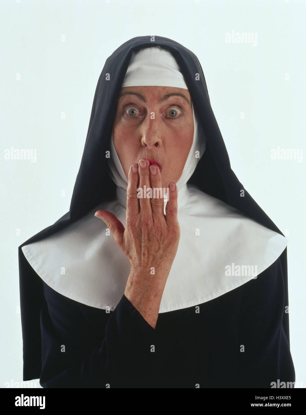 Benedictine, nun, habit, gesture, astonishment, fright, half portrait, professions, studio, cut out, woman, habit, is surprised, surprises, surprise, startled, Stock Photo