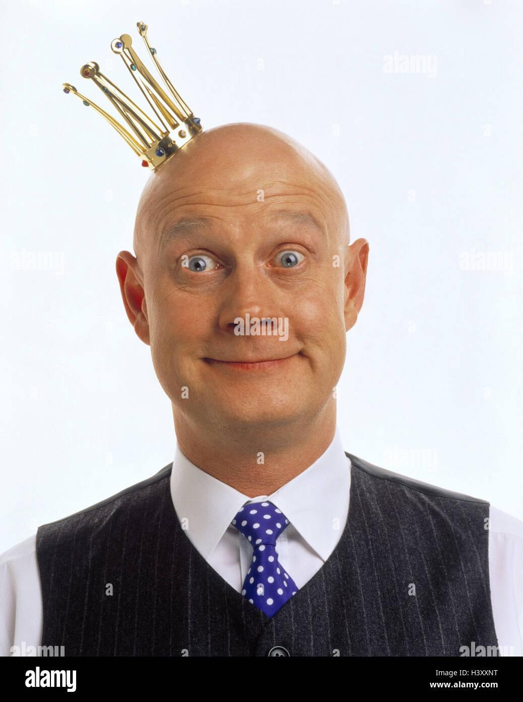 Man, bald head, shirt, waistcoat, tie, crown, facial play, portrait, Men,  head, bald, shaves, smile hairlessly, crowned, fun, lining, 
