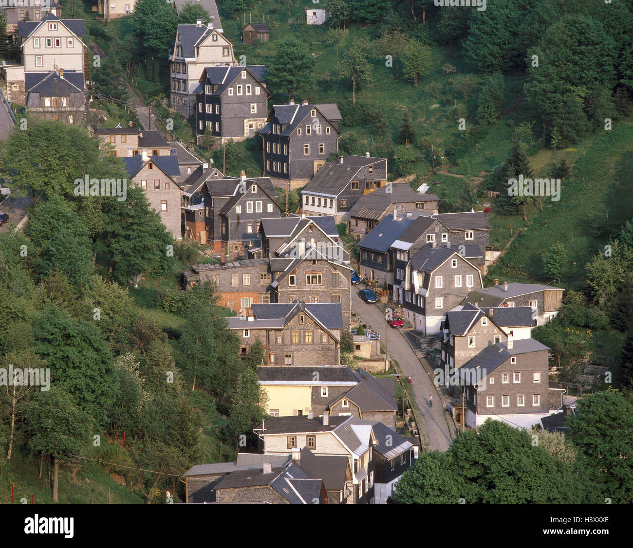Germany, Thuringia, Lauscha, town overview, from above, Europe, town, provincial town, overview