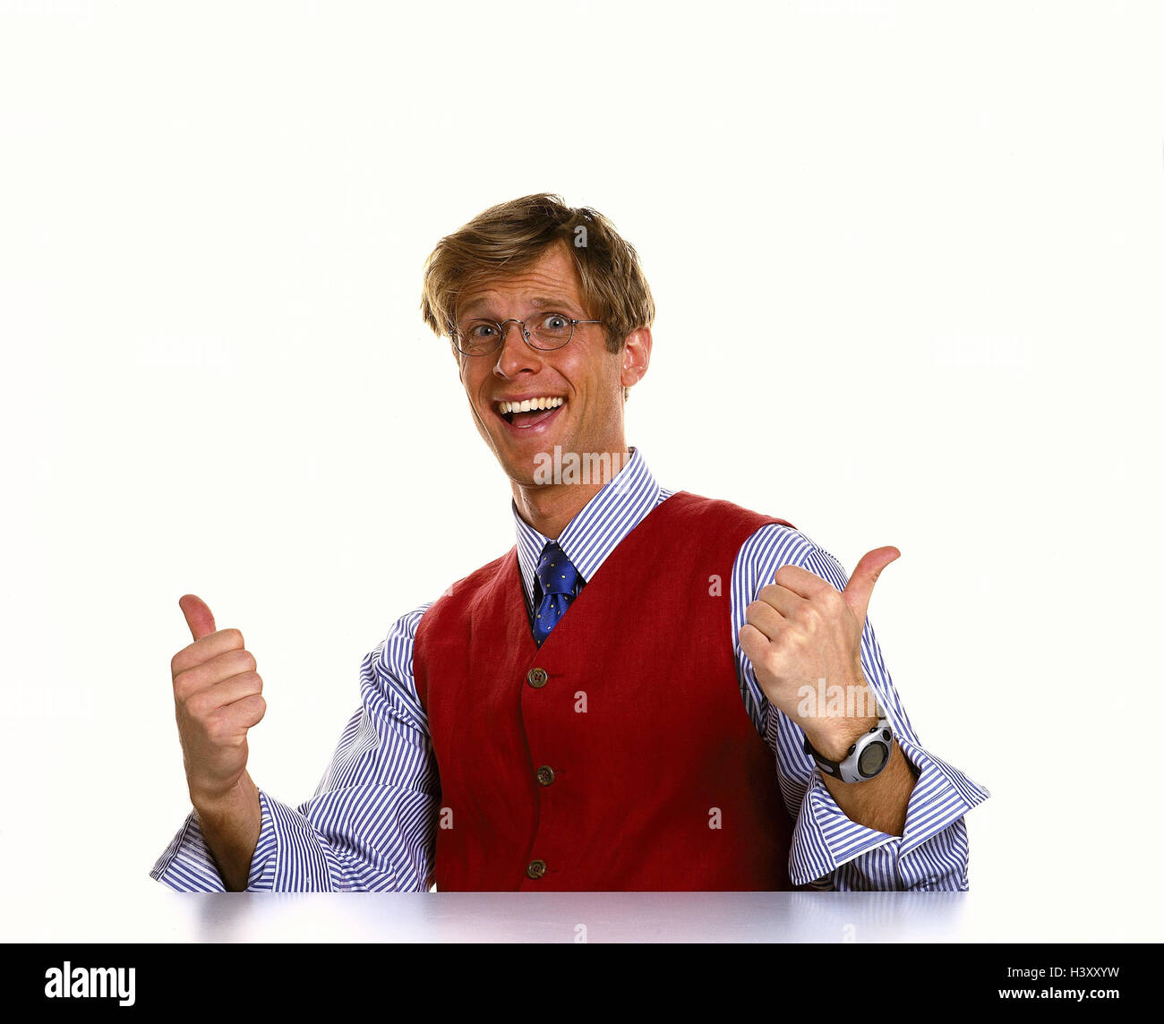 Man, glasses, shirt, waistcoat, tie, gesture, pollex high, o.k., happy, Men, okay, in order, joy, enthusiasm, enthusiastically, funnily, cheerfully, positively, studio, cut out, near, Stock Photo