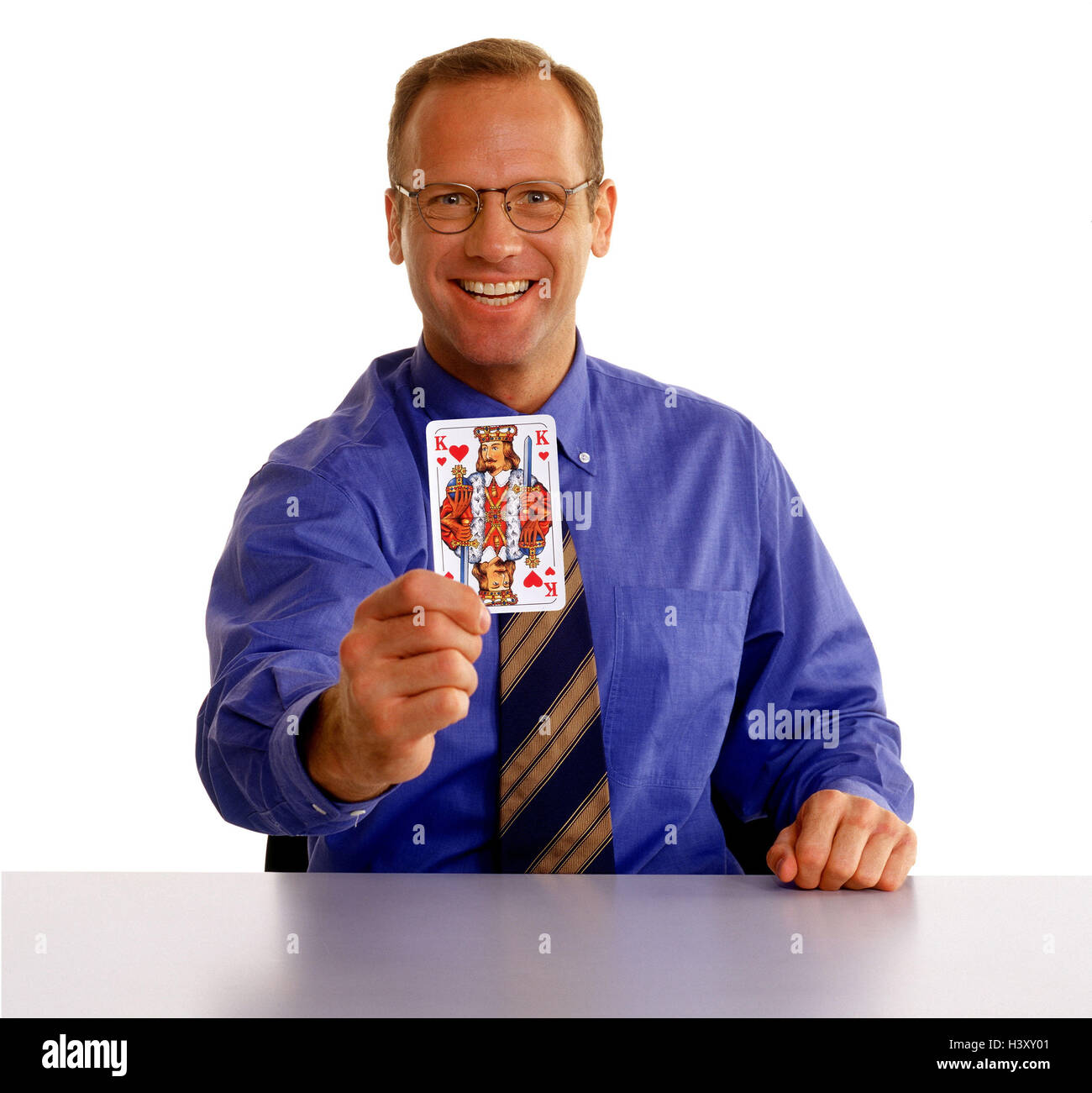 Man, glasses, shirt, tie, playing card, heart king, point, joy Men, businessman, manager, studio, cut out, card, to card games, trump, trump card, sit, icon, success, triumph, Stock Photo
