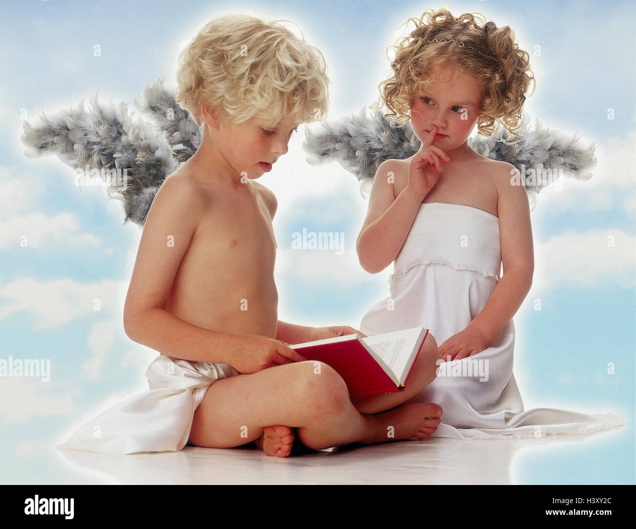 Boy, girls, angels, sit, read out book, gesture, x-mas, Christmas ...
