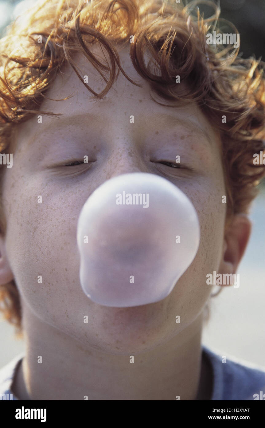 Boy, redhaired, chewing gum, bubble, portrait, outside, child, freckles, hairs, red, chewing