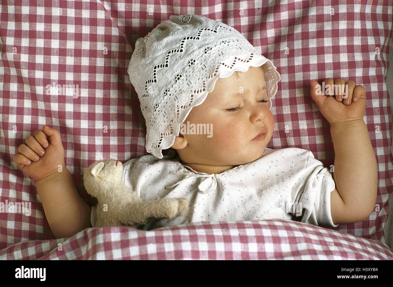 Bed, baby, cap, sleep, portrait, child, sleep, quiescence, rest, relax, after-lunch sleep, soft toy, bonnets, peacefully, innocently, heat, security Stock Photo