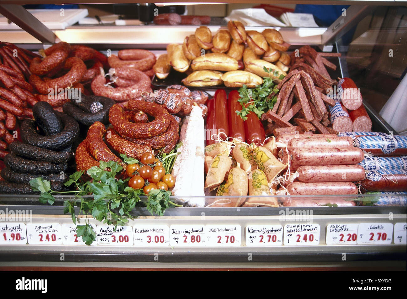 Butcher's shop, detail, sausage counter retail trade, sales, sausage, counter, offer, sausages, sausages, Stock Photo