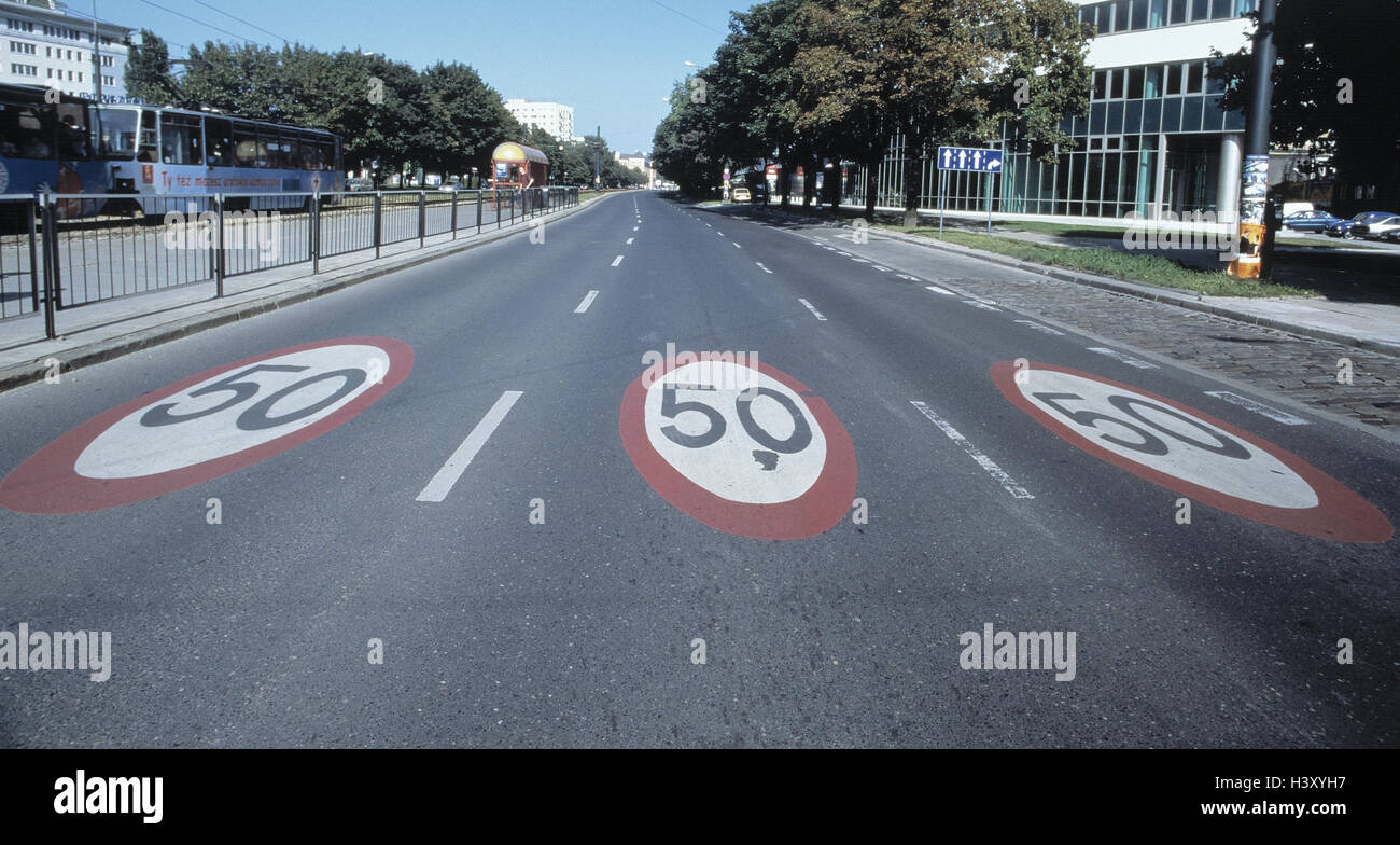 Town, street, road marking, speed limit, 50 km/h, streetcar, outside, traffic, town range, traffic sign, selection, restriction, speed, traffic sign, tram, tram, means transportation, publicly Stock Photo