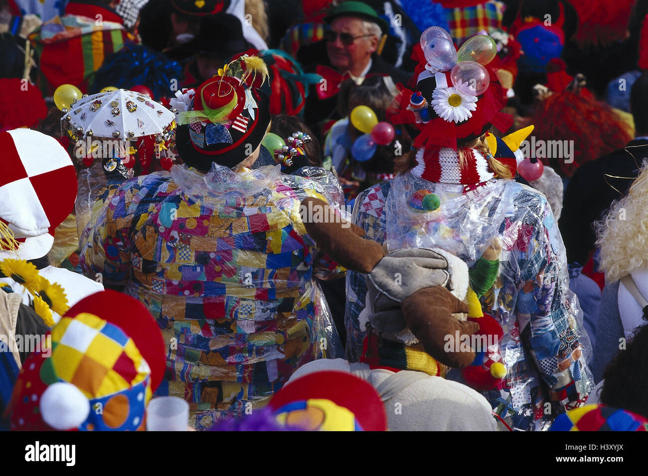 Germany, Cologne, carnival, masked, carnival, masks, celebrate, costumes, dresses up, lining, panelled, greasepaint, made up, men, women, happy, funnily Stock Photo