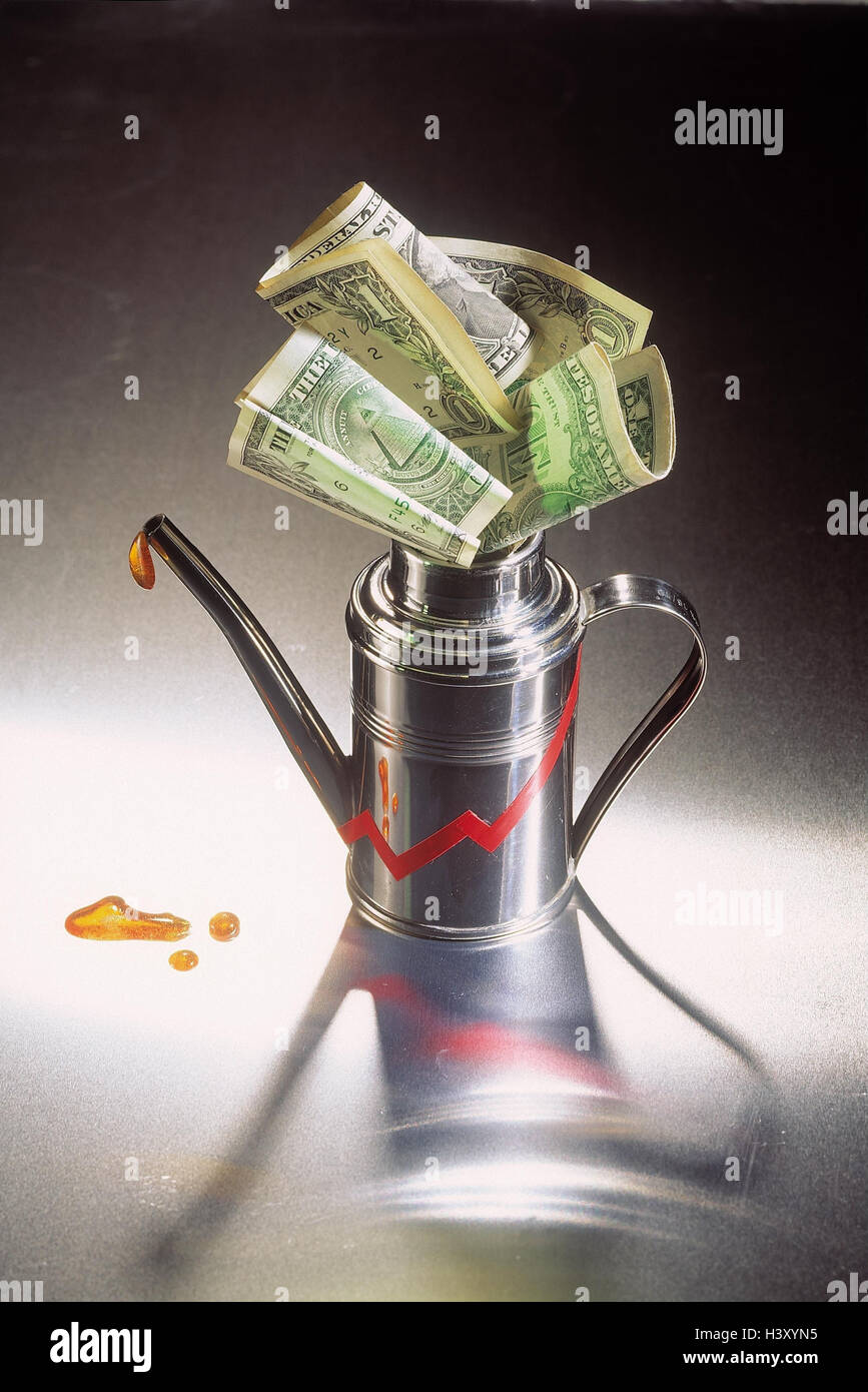 Icon, oil prices, projection, oilcan, dollar, bank notes, price bend OPEC, crude oil, oil price, explosion, resources, price rise, oil, oilcan, banknotes Stock Photo