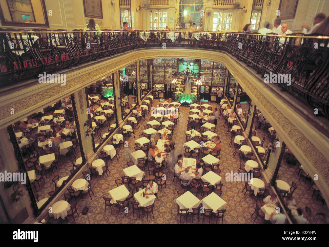 Brazil, Rio de Janeiro, Flamengo, cafe, guests, from above, Rio, part town, inside, bar, 2-storied, tables, cafe tables, balcony, gallery, tourist, tourism Stock Photo