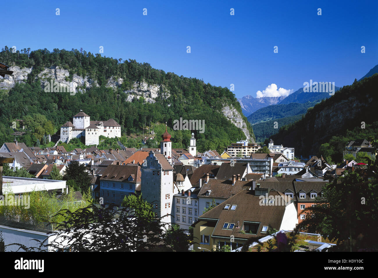 Austria, Vorarlberg, Feldkirch, local view, shadow castle, church, summer, Europe, mountain Arl, tourist resort, local overview, mountain landscape, valley, houses, residential houses, places interest, culture, outside Stock Photo