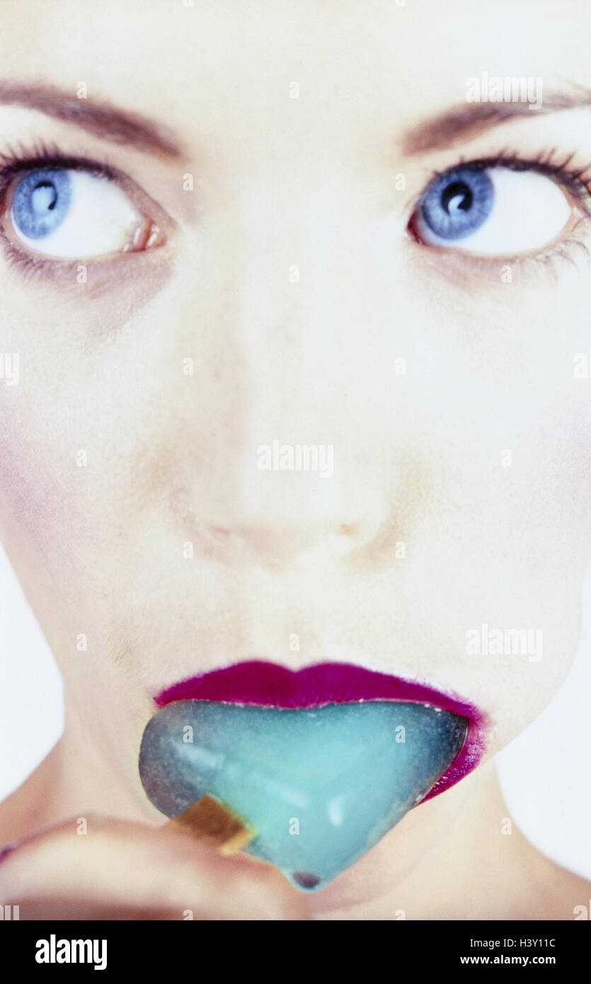 Woman, detail, popsicle, lick, young, lips, made up, greasepaint, ice