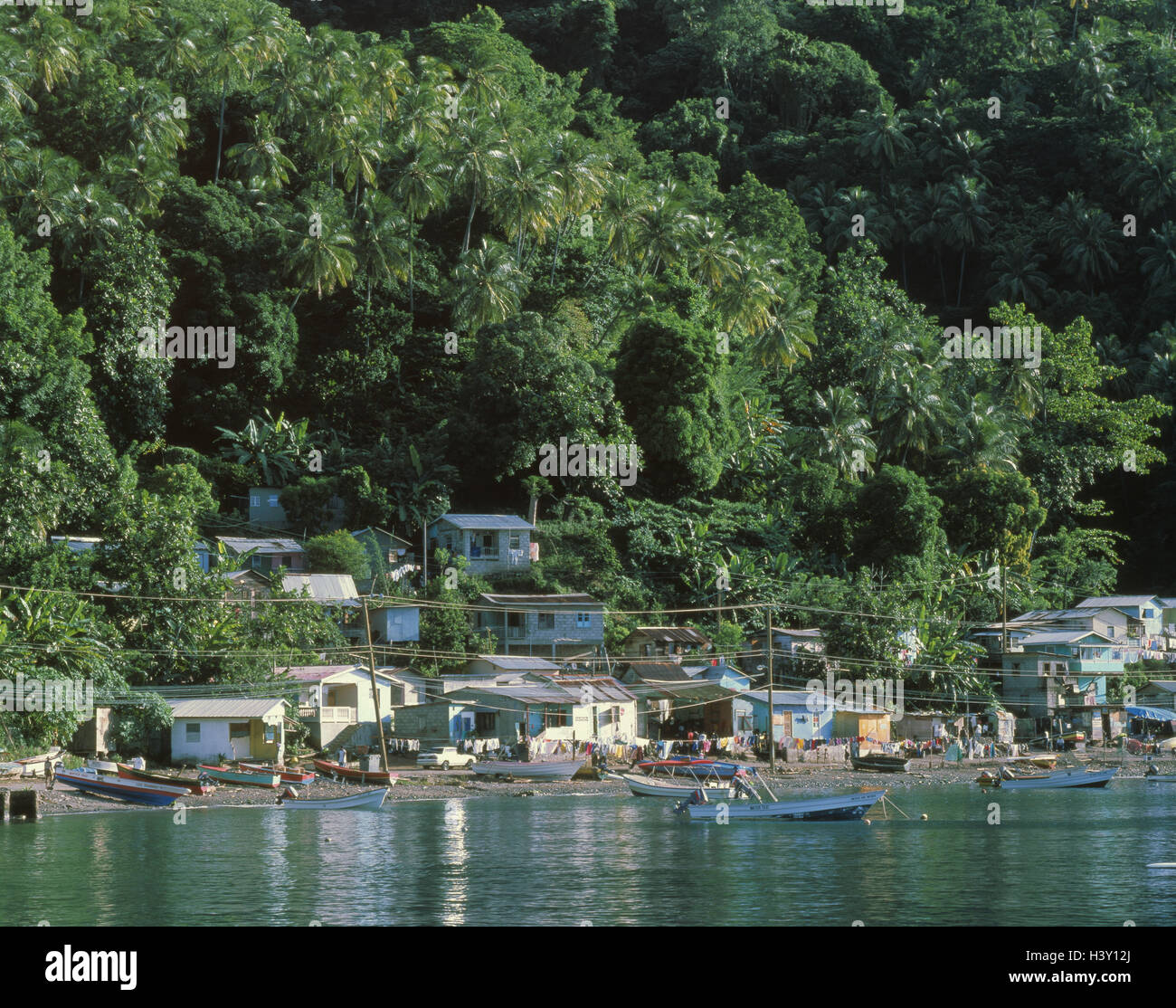 The Caribbean, the small Antilles, Saint Lucia, Soufriere, fishing village, Central America, island state, British Winward islands, West-Indian islands, islands about the wind, island, Saint Lucia, place, village, local view, houses, residential houses, l Stock Photo