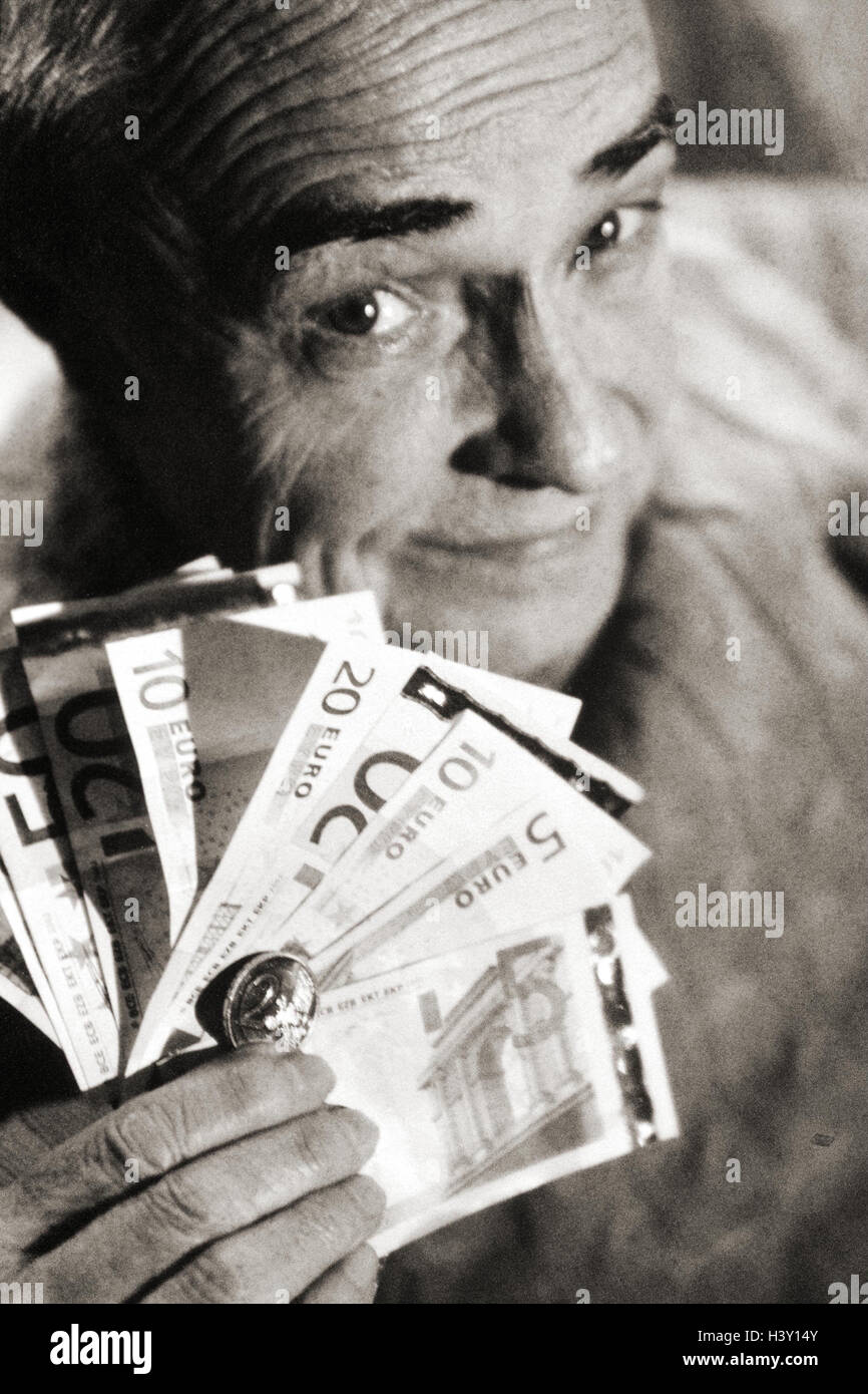 Senior, hand, euro, bank notes, facial play, doubtful, uncertainly, portrait, b/w, man, old, Europe, currency, single currency, money, banknotes, diversified, scepticism, insecurity, doubt, disbelieving, mistrust, distrustfully Stock Photo