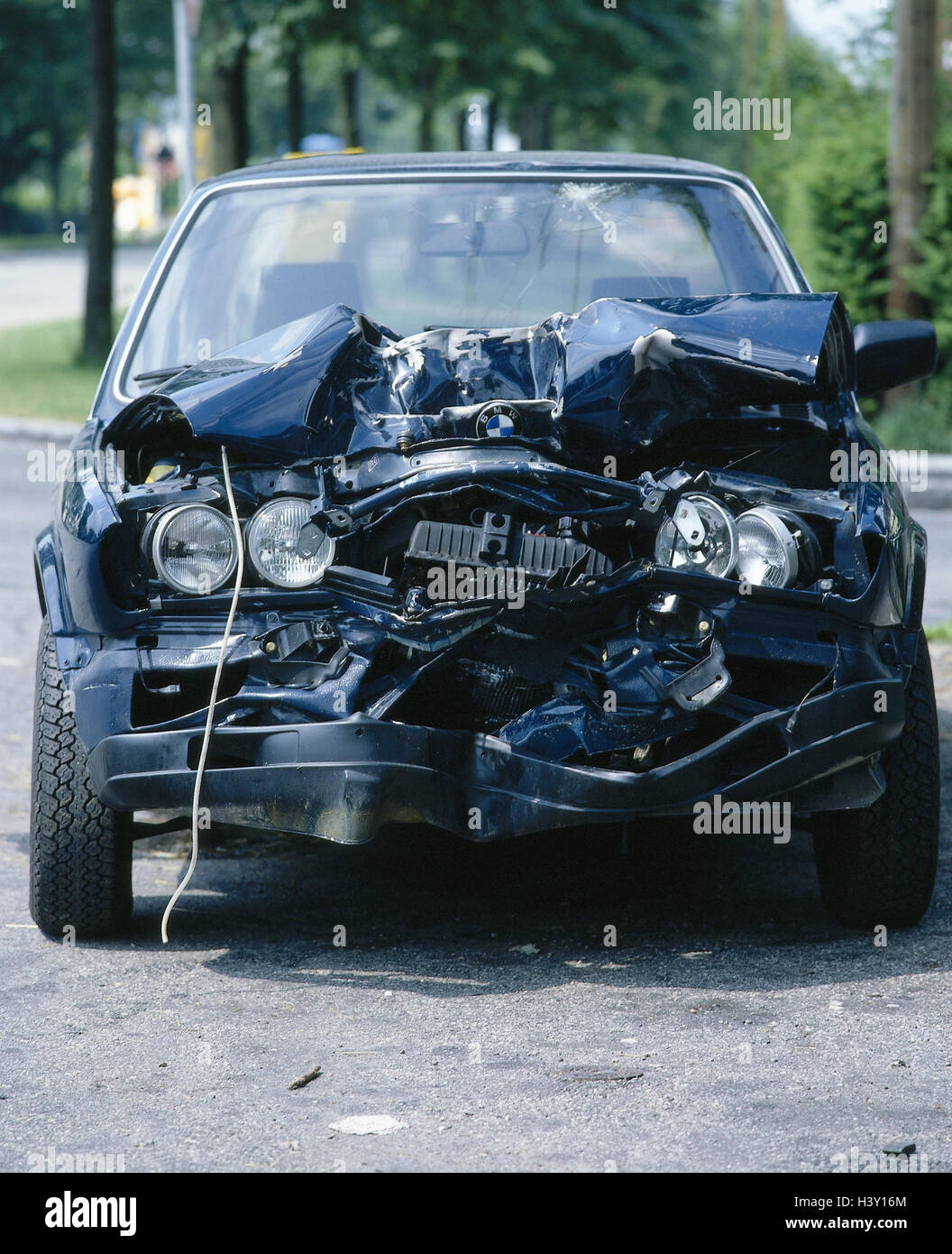 Accident, traffic, ambulance, total loss passenger car, vehicle, means transportation, traffic accident, car damaged in an accident, car accident, frontal damage, damage to the bodywork, broken, destroys, damage, collision Stock Photo