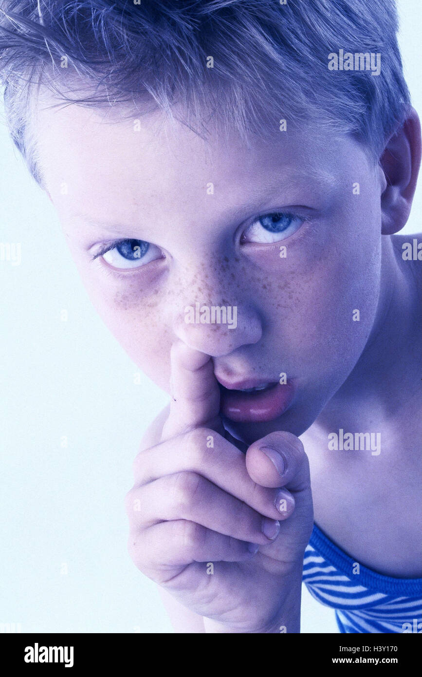 Boy, nose drill, portrait, model released, very close, studio, cut outs