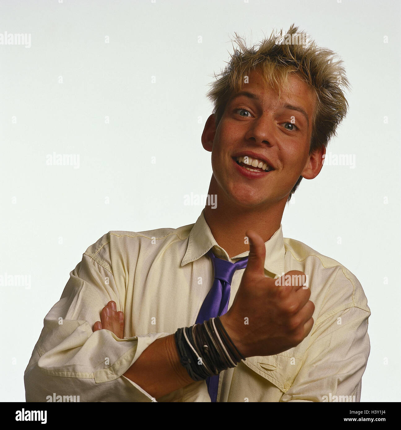 Young person, gesture, okay, portrait, inside, teenager, man, young, shirt, tie, happy, properly, body language, sign language, positively, perfectly, excellently, well, printout, figure, pollex, high, hand position, o.k., in order, studio, cut out Stock Photo