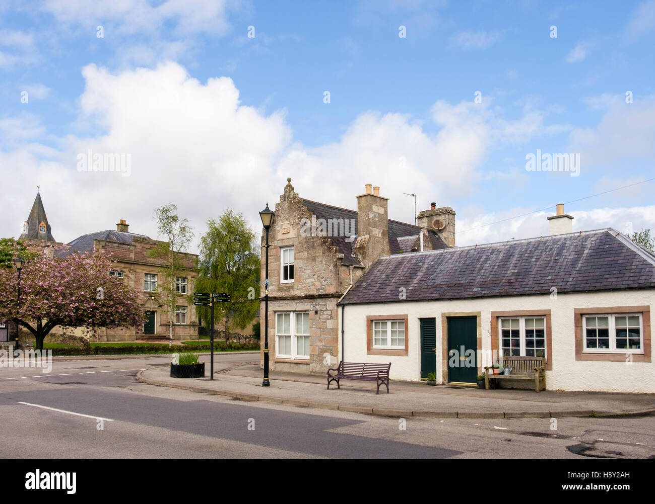 Crossroads in centre of small historic town. Royal Burgh of Dornoch, Sutherland, Highland, Scotland, UK, Britain Stock Photo