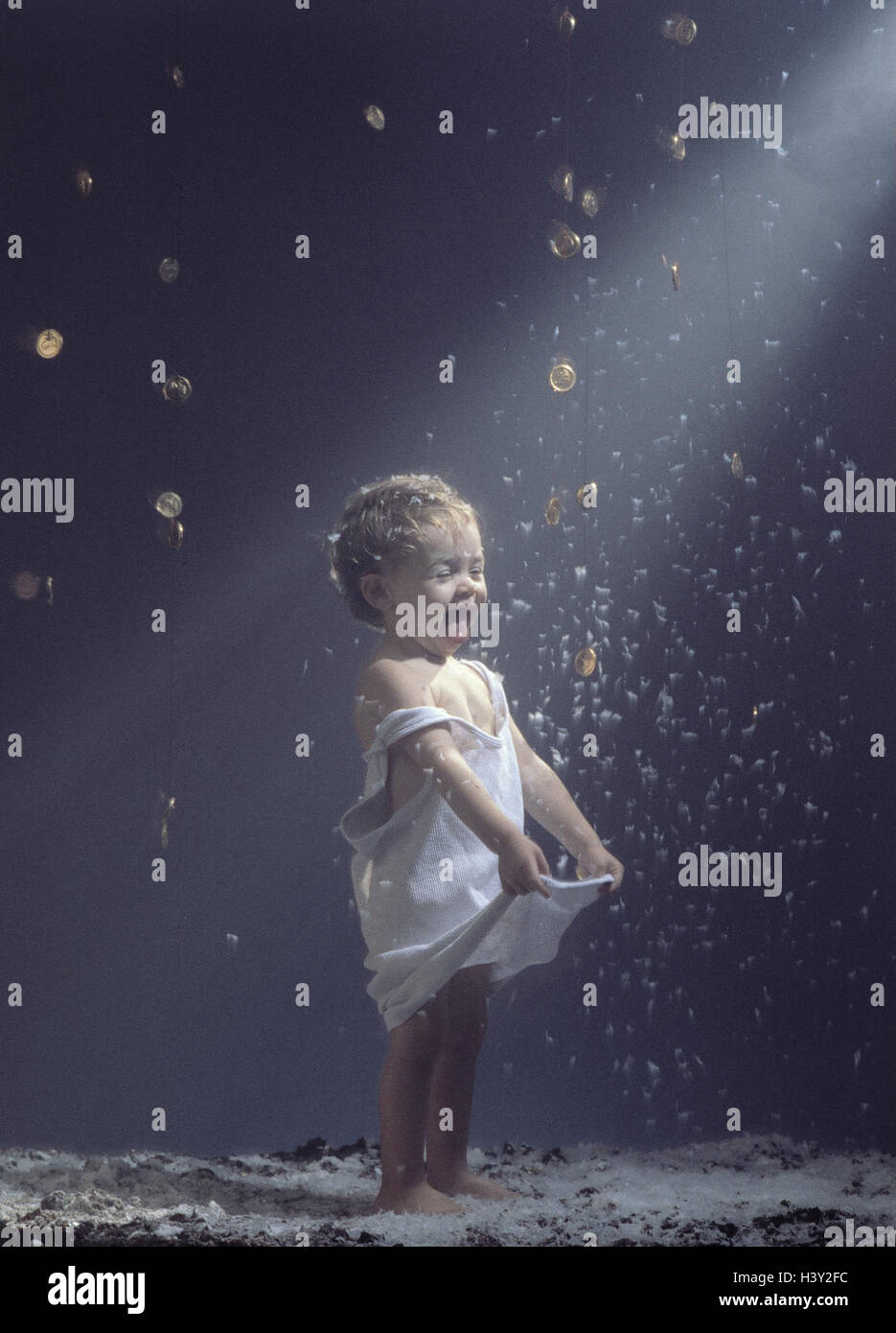 Star-Money, girl, infant, nightdress, golden taler, catch, inside, studio, child, 18 months, fairy tales, dress, vest, detain, talers, gold, coins, golden coins, snow, snowflakes, happy, smile, expression Stock Photo