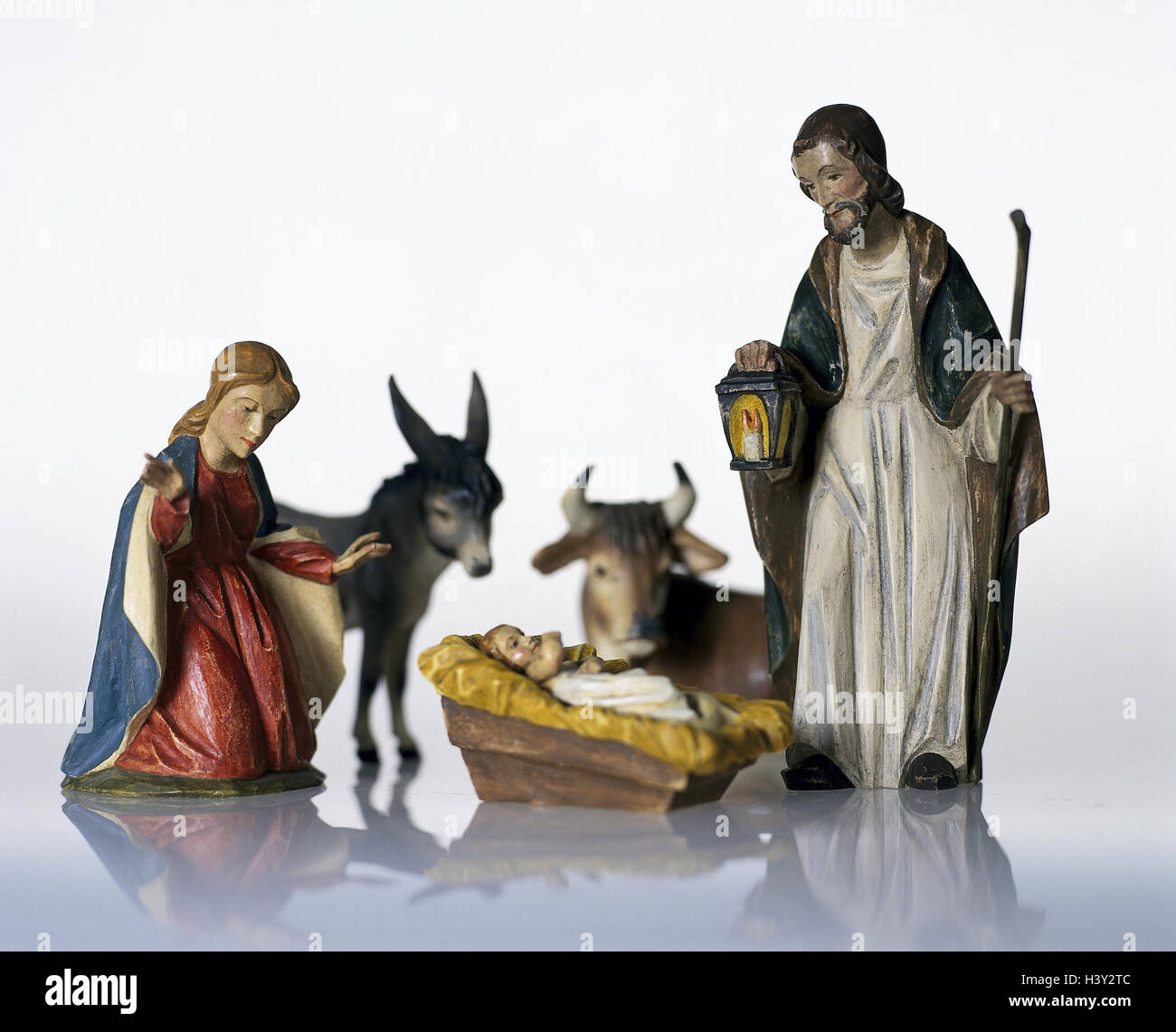 Nativity figurines, holy family, donkey, ox, Christmas, creche, manger