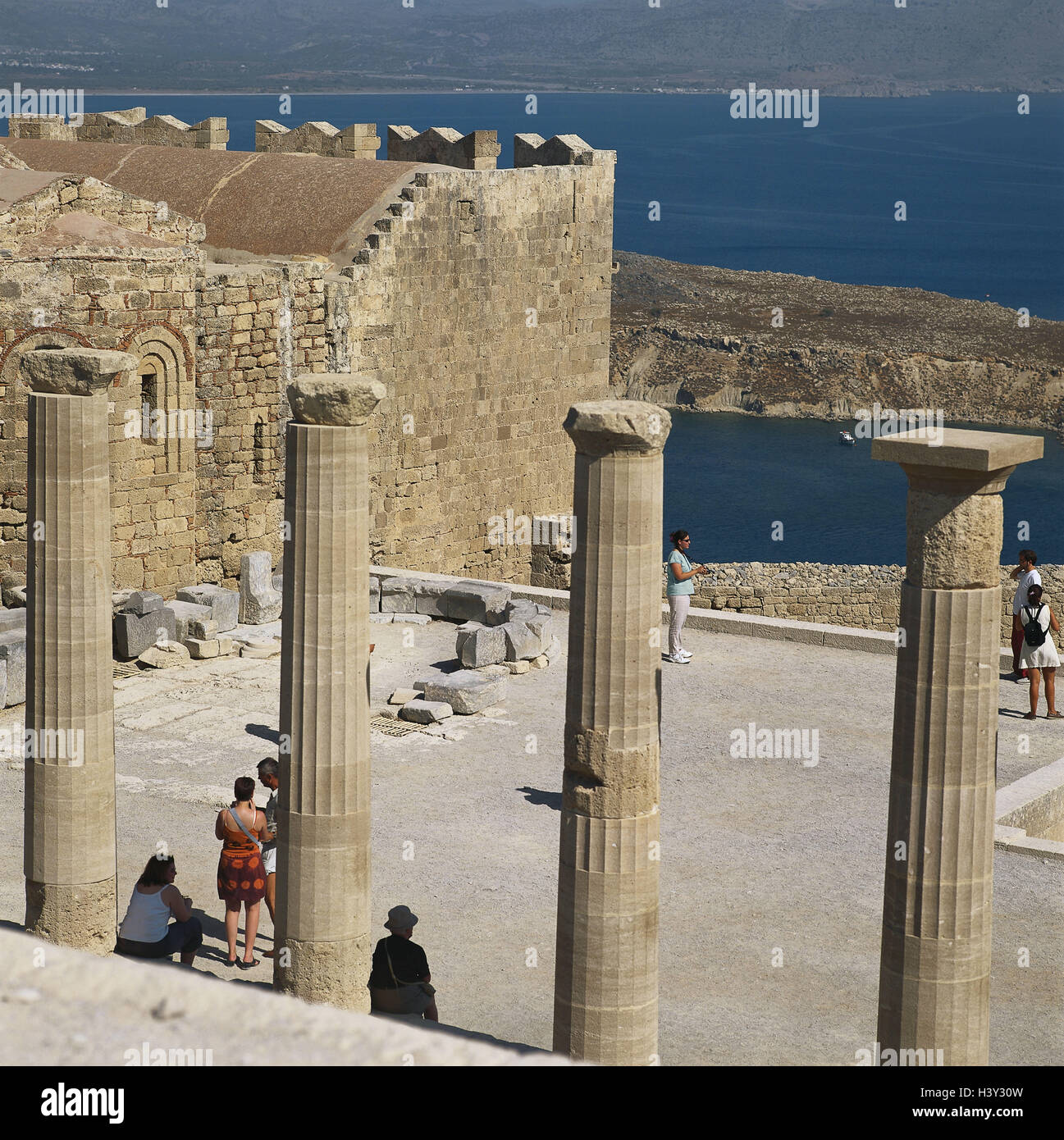 Greece, Rhodes, Lindos, Acropolis, temple the Athene, pillars, tourist, Dodekanes, island, '12 islands', the Aegean Sea, Aegean sea, port, castle mountain, crusader's fortress, fortress, place of interest, archeology, excavations, tourism Stock Photo