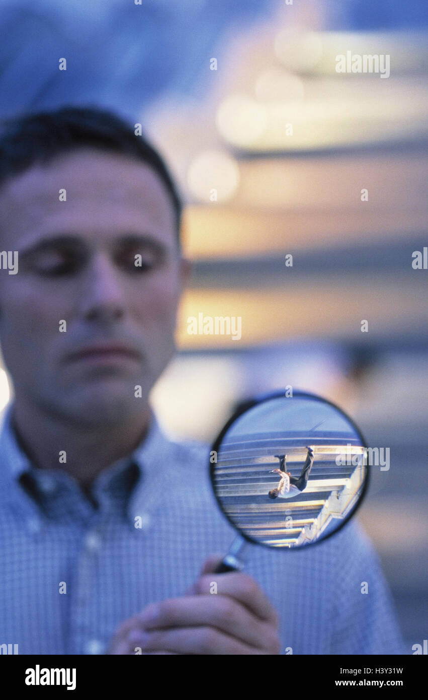 Man, loupe, observation, businessman, stairs, scepticism, mistrust ...