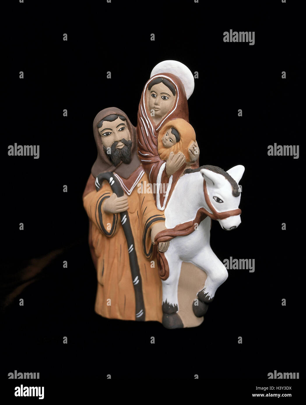 Mexico, nativity figurines, holy family, donkey, clay, Mexico, Christmas, creche, manger, traditions, religion, Jesus's child, figures, tone figures, product photography, Still life Stock Photo