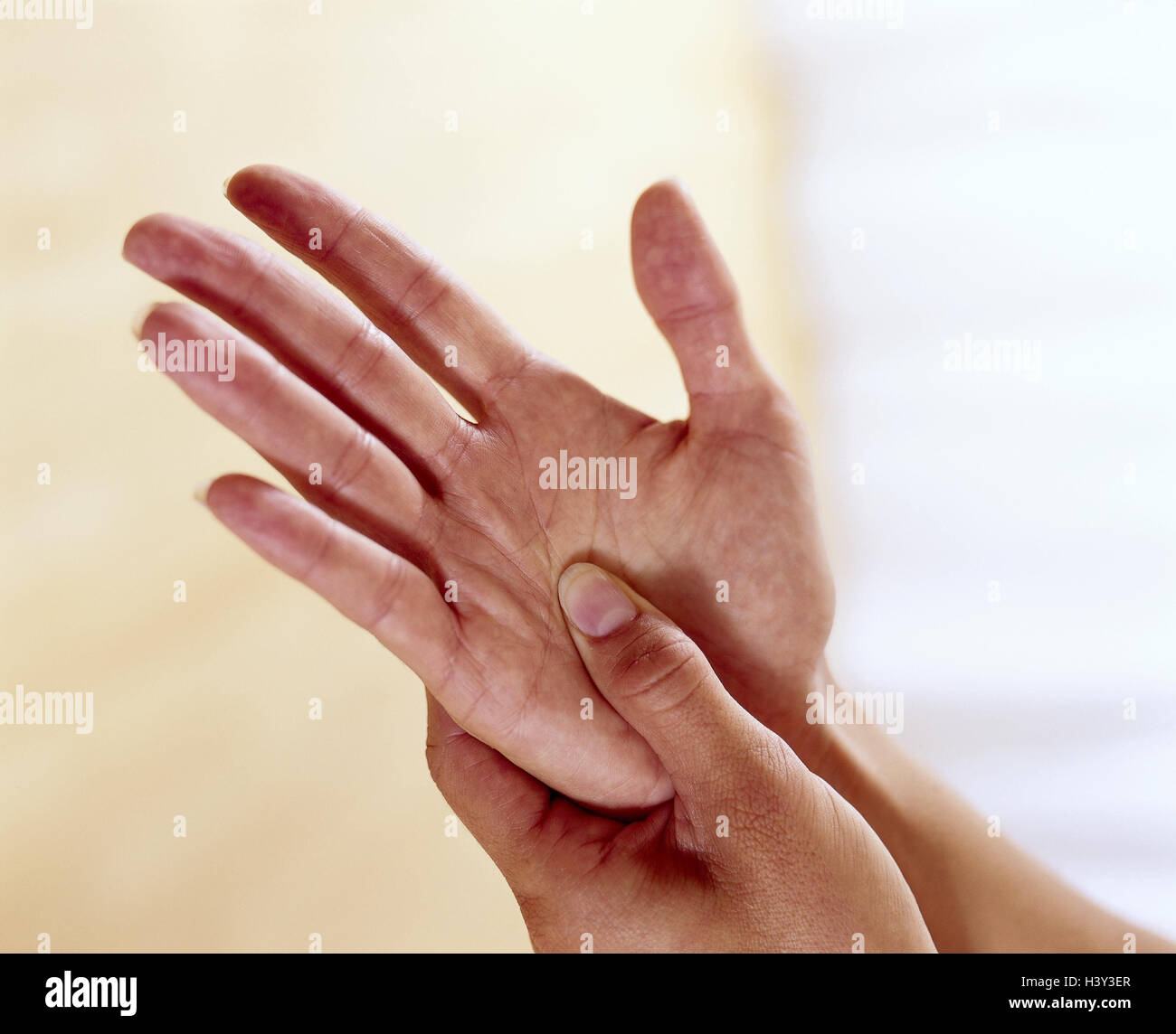 Woman, acupressure, palm autoacupressure, cure, medicine, alternatively, TCM, traditional Chinese medicine, therapy, printing, pressure point, finger, hand, printing treatment, selftreatment Stock Photo