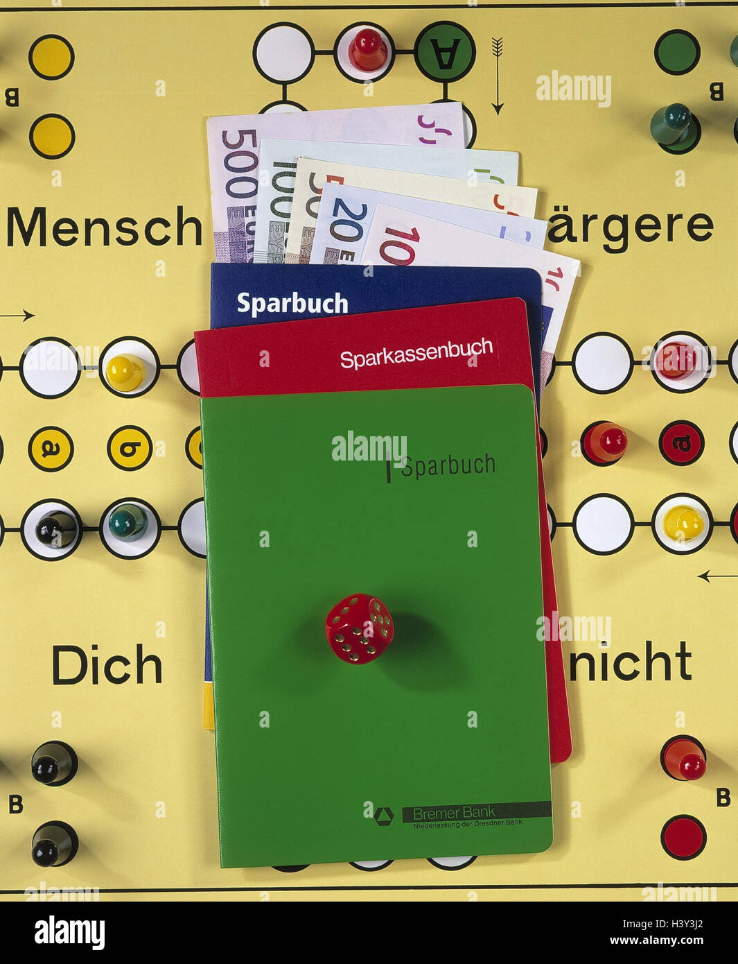 Bankbooks, bank notes, euro, board game 