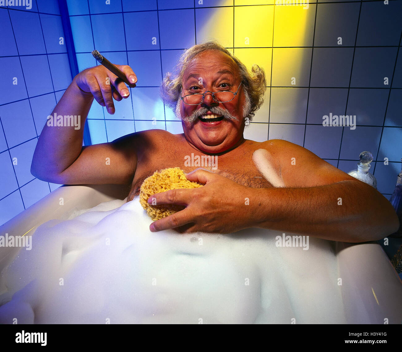 Bath, senior, moustache, cigar, smoke, inside, bath, proper bath, bubble bath, have of a bath, personal care, glasses, grey-haired, hairs, grey, happy, melted, luxury, care, hygiene, body hygiene, relaxing, recover, take it easy, well-being, feeling well- Stock Photo