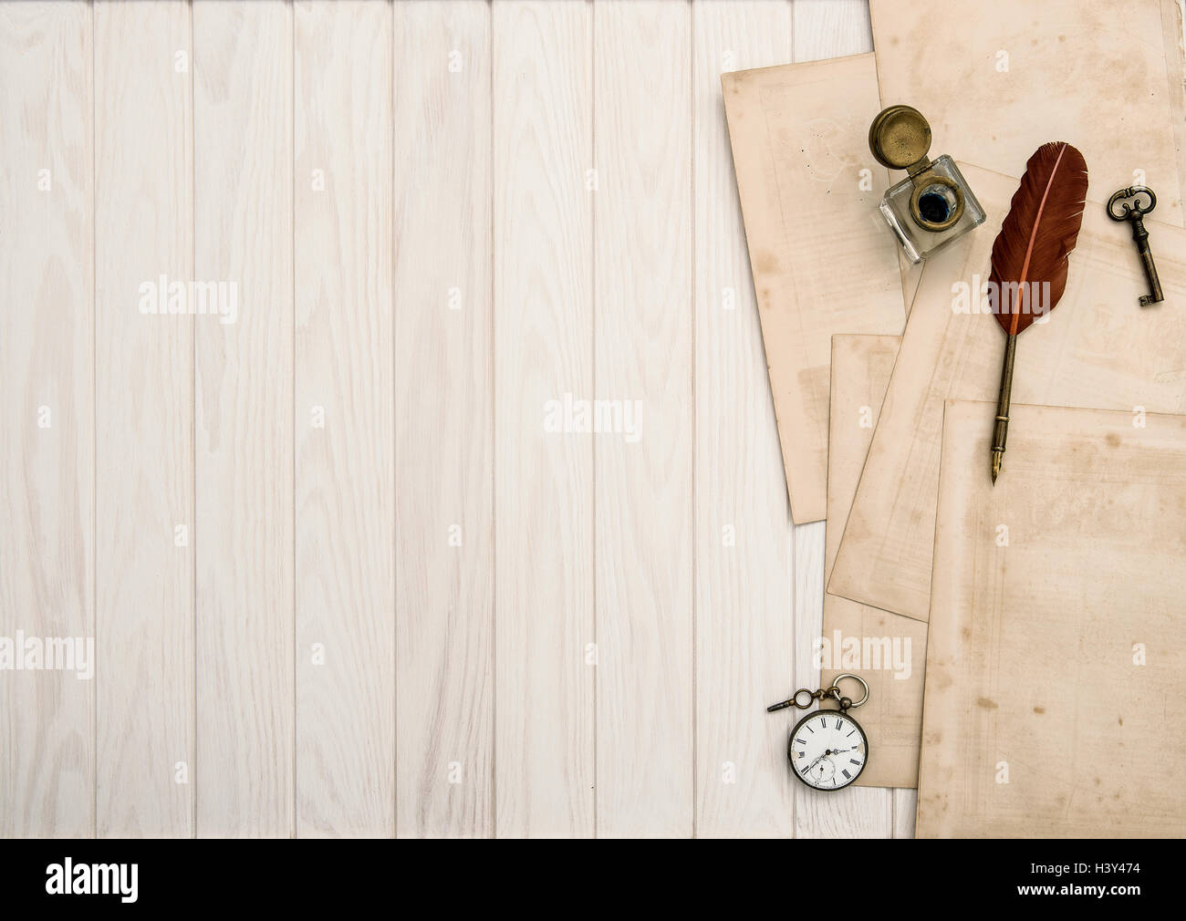 Vintage Office Supplies On Wooden Table Feather Pen And Inkwell Stock Photo Alamy