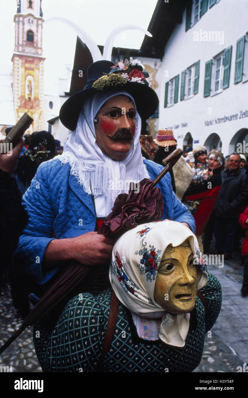 Germany, Upper Bavaria, Mittenwald, carnival, masked, outside, Bavaria,  Werdenfels, upper market, church, steeple, carnival, masking, masks,  procession, traditions, tradition, traditionally, lining, wooden larva,  wooden masks, spectators Stock Photo ...