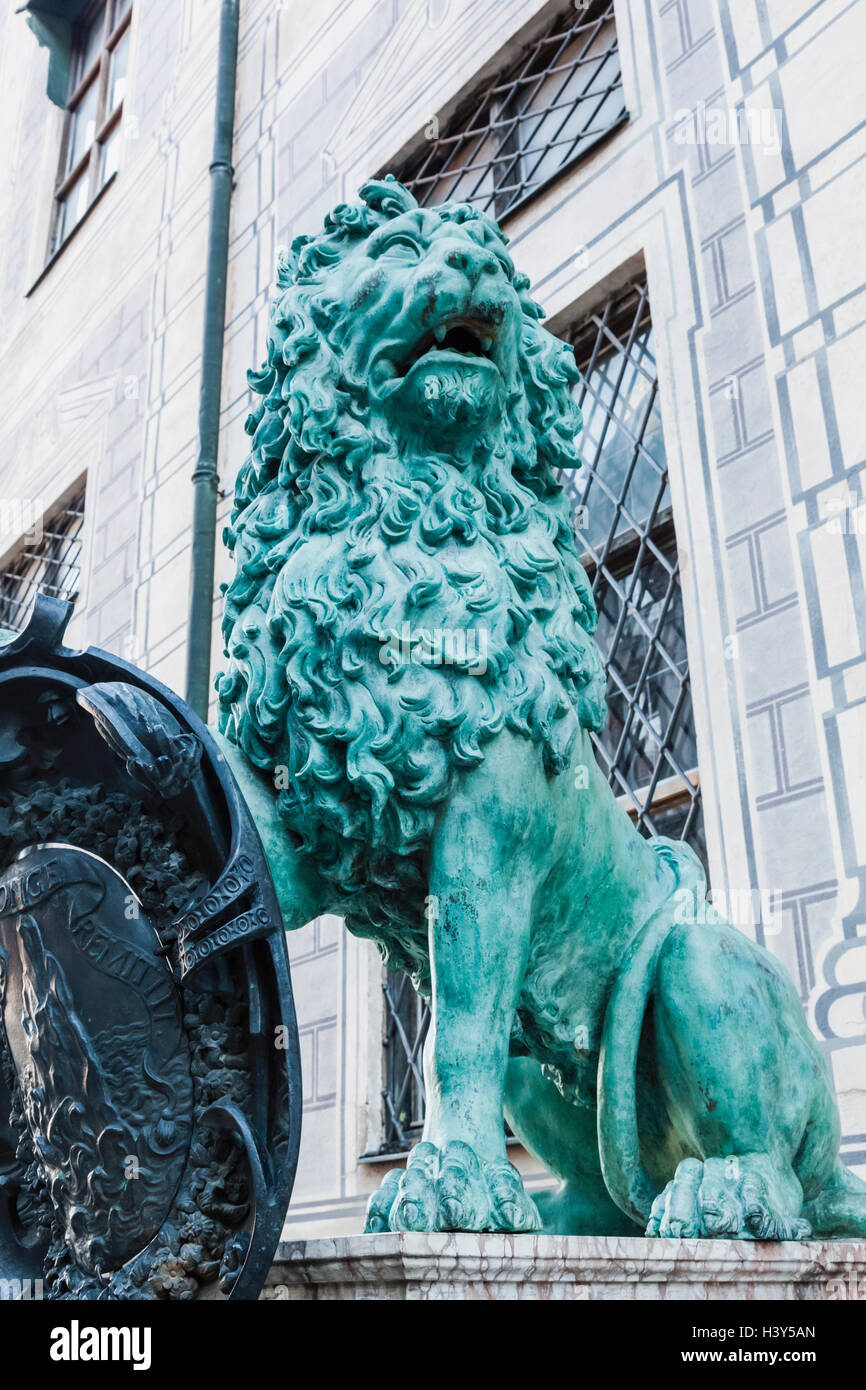 Germany, Bavaria, Munich, Lion Statue at The Residence Entrance Stock