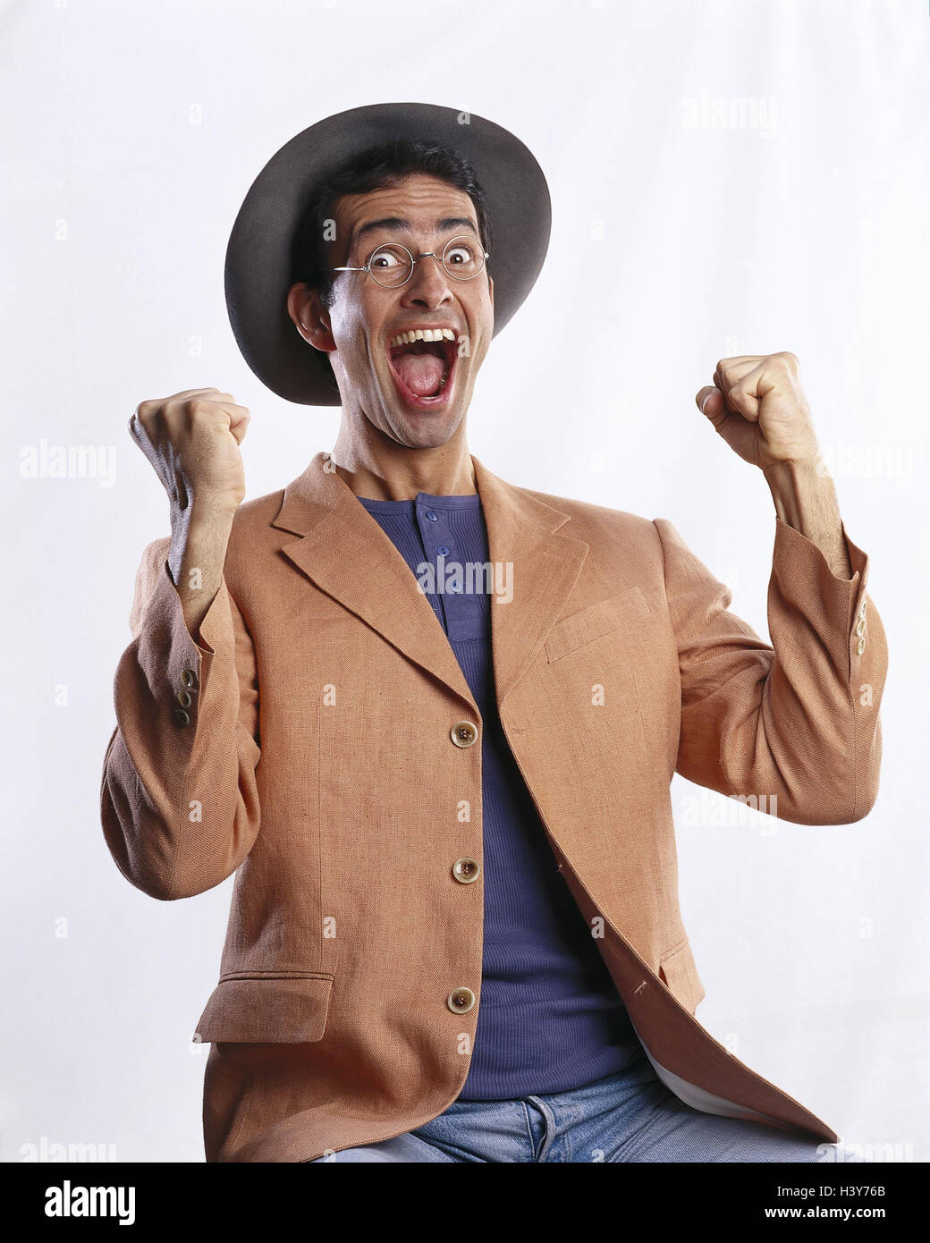 Man, care, glasses, concentrated fists, gesture, joy, enthusiasm, near mb 106 A6 Stock Photo