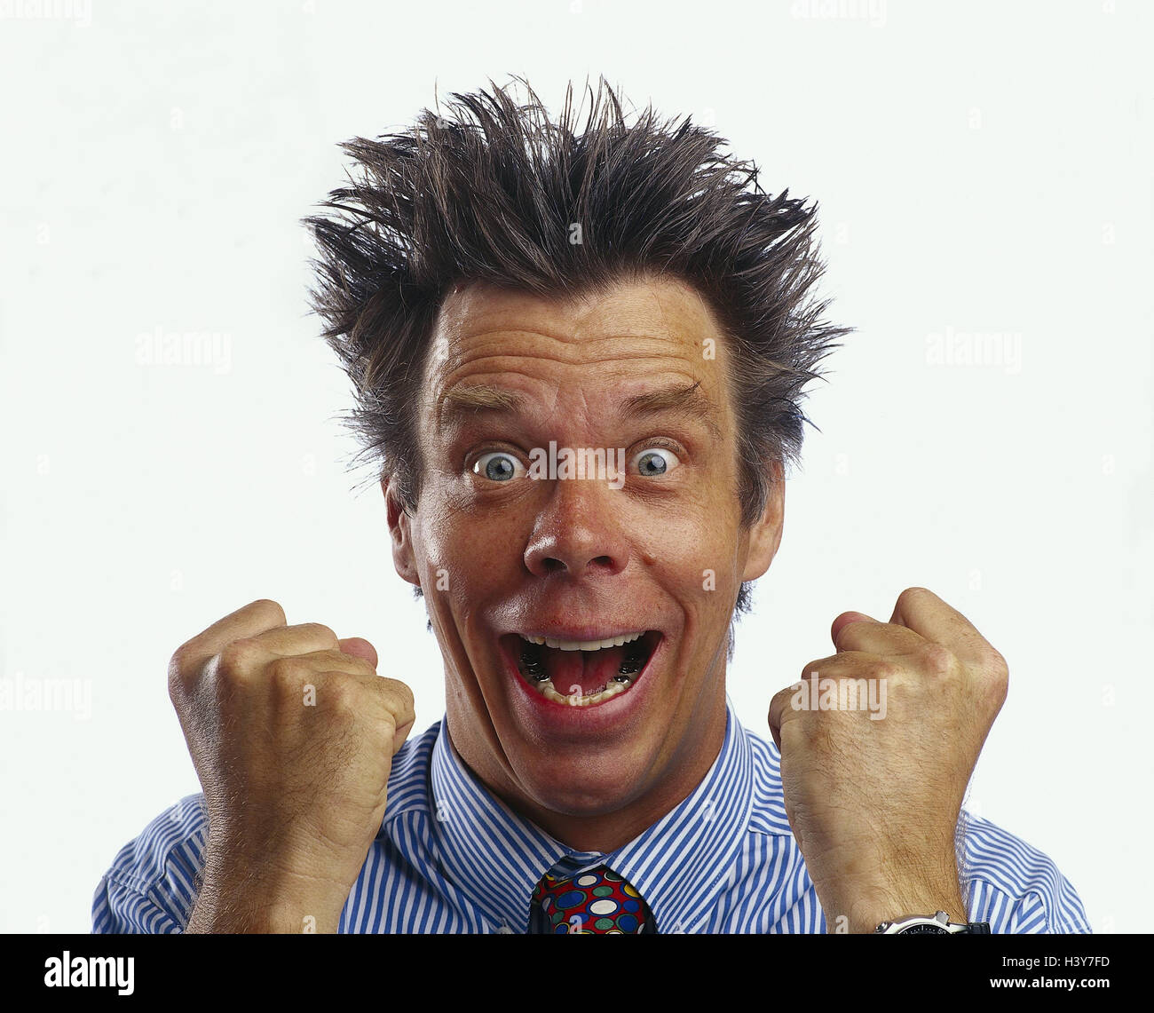 Man, young, hairs, get up, fists, gesture, joy, cheering, portrait, enthusiasm, surprise, melted, fist, victory, triumph, victory joy, cut out Stock Photo